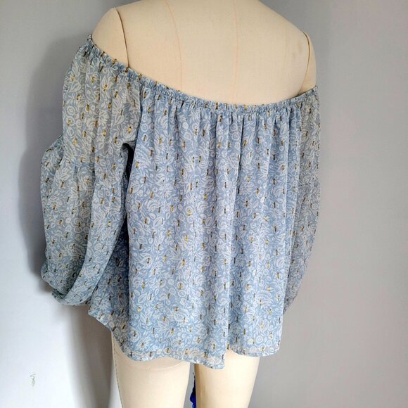 Express Off Shoulder Balloon Sleeve Boho Sheer Blouse Blue Floral Size Large NWT - Picture 2 of 9